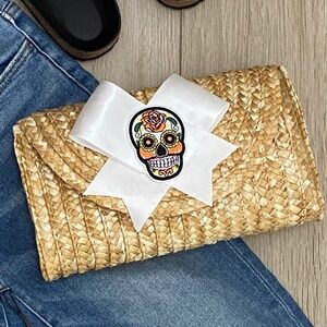 Rattan Straw Clutch with White Bow and Sugar Skull